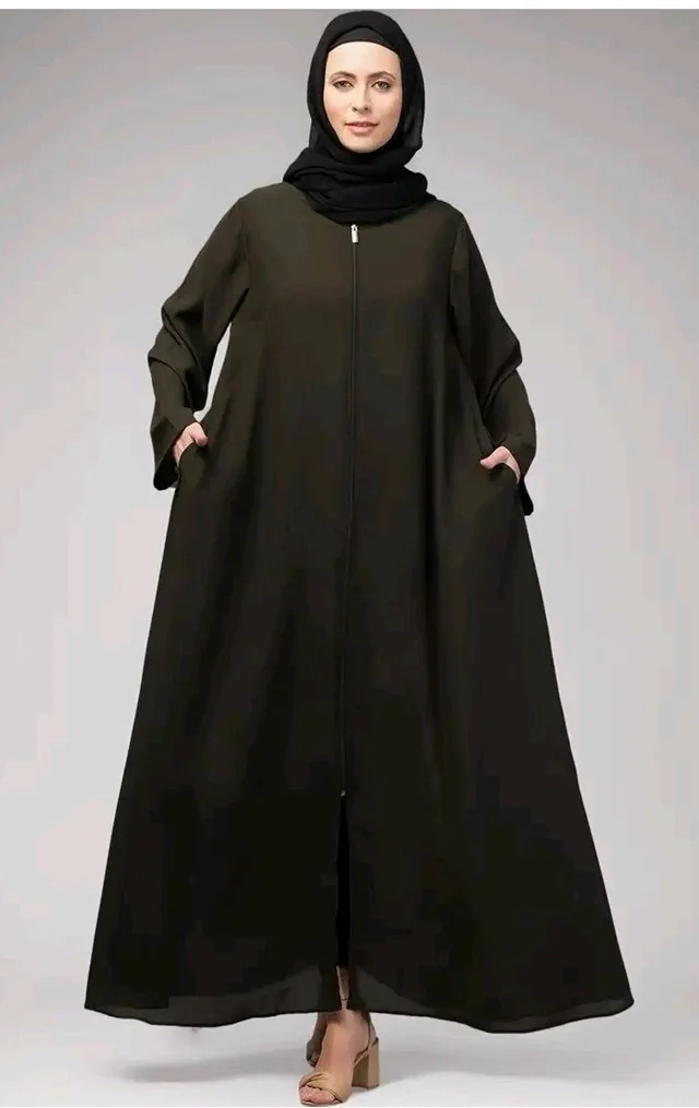 Mallika Women Modest Wear Nida Matt Front Open Zipper Abaya Burkha for Everyday use
- 2XL, Olive
