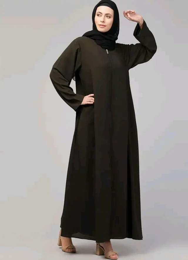 Mallika Women Modest Wear Nida Matt Front Open Zipper Abaya Burkha for Everyday use
- 2XL, Olive