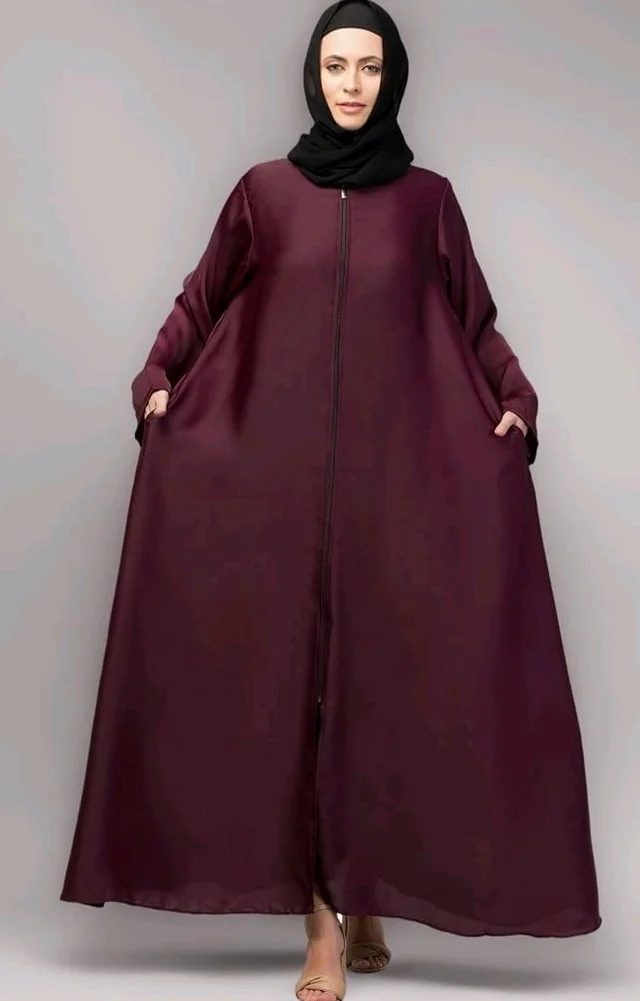 Mallika Women Modest Wear Nida Matt Front Open Zipper Abaya Burkha for Everyday use
- 2XL, Wine