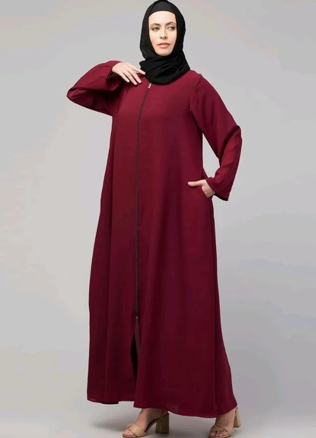 Mallika Women Modest Wear Nida Matt Front Open Zipper Abaya Burkha for Everyday use
- 2XL, Maroon