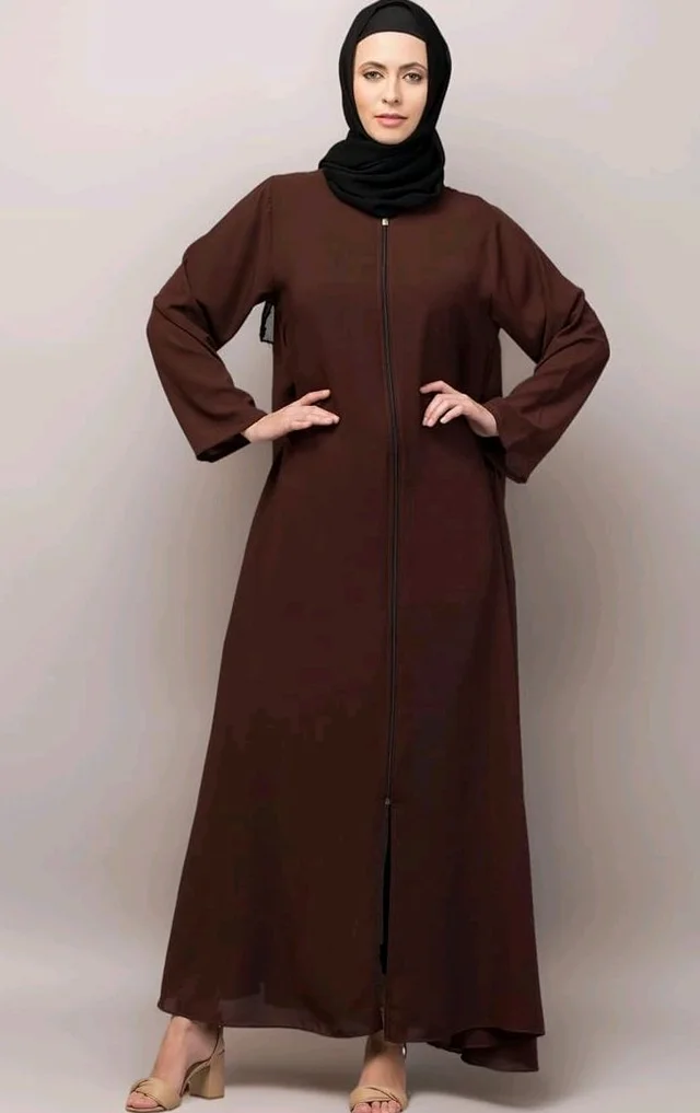 Mallika Women Modest Wear Nida Matt Front Open Zipper Abaya Burkha for Everyday use
- L, Brown