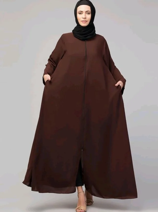 Mallika Women Modest Wear Nida Matt Front Open Zipper Abaya Burkha for Everyday use
- L, Brown