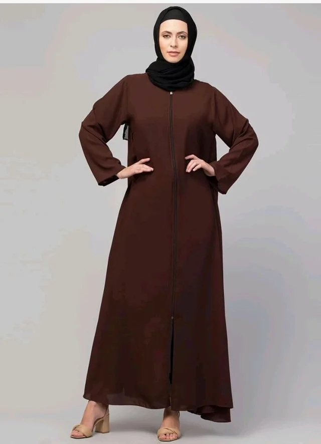 Mallika Women Modest Wear Nida Matt Front Open Zipper Abaya Burkha for Everyday use
- L, Brown