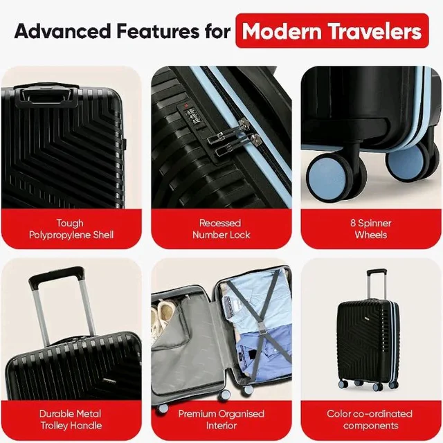 Visit the LAttitude By Provogue Store
3.7 out of 5 stars 91
Core Set of 3 Trolley Bags Cabin + Medium + Large Polypropylene Hard Suitcase, 8 Spinner Wheels, Recessed Number Lock, Luggage for Men & Women Midnight Black/Arctic Blue
100+ bought in past month