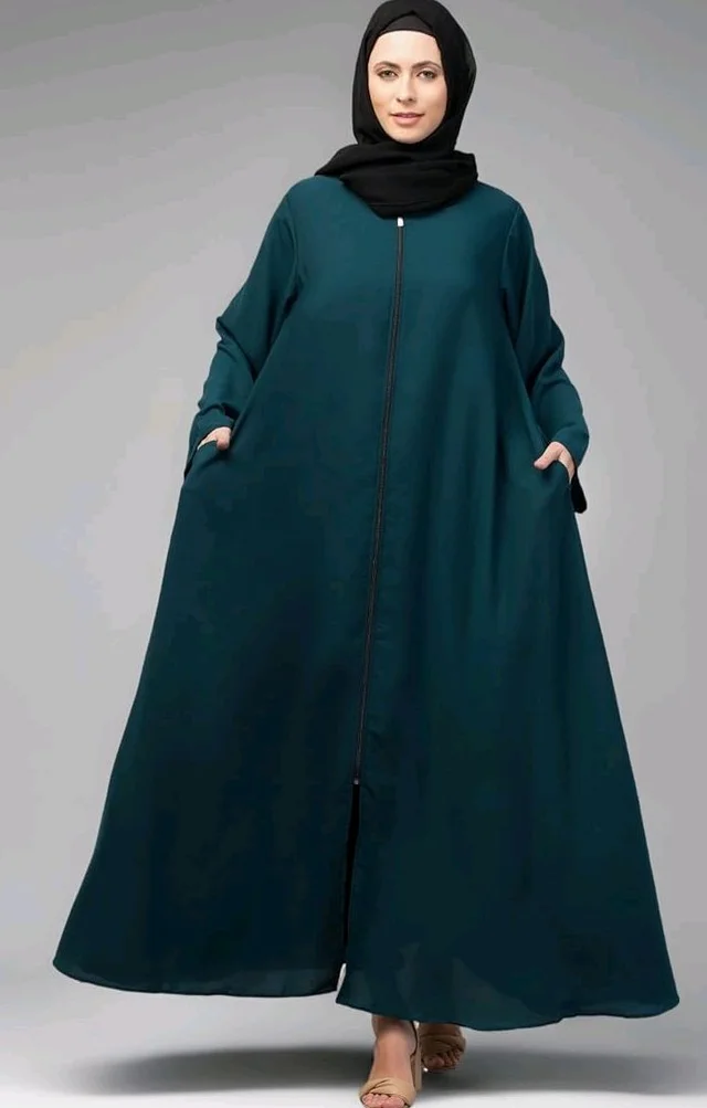 Mallika Women Modest Wear Nida Matt Front Open Zipper Abaya Burkha for Everyday use
- L, Teal