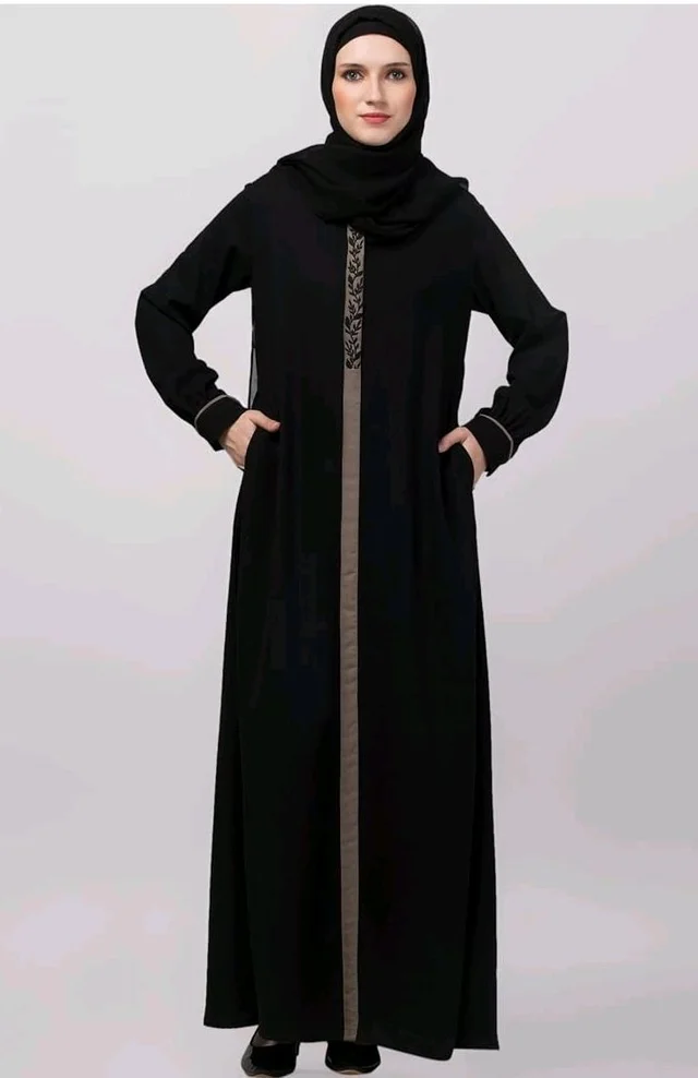 Abaya Dress with Front Embroidery & Cuff Sleeves And Side Pocket Made in Nida Matte Fabric Sleeves Full length Burqa for Women and Girls
- M, Black