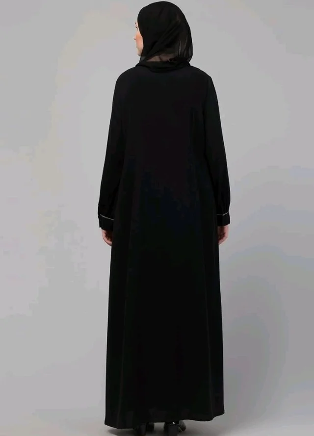 Abaya Dress with Front Embroidery & Cuff Sleeves And Side Pocket Made in Nida Matte Fabric Sleeves Full length Burqa for Women and Girls
- M, Black