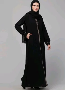 Abaya Dress with Front Embroidery & Cuff Sleeves And Side Pocket Made in Nida Matte Fabric Sleeves Full length Burqa for Women and Girls
- M, Black