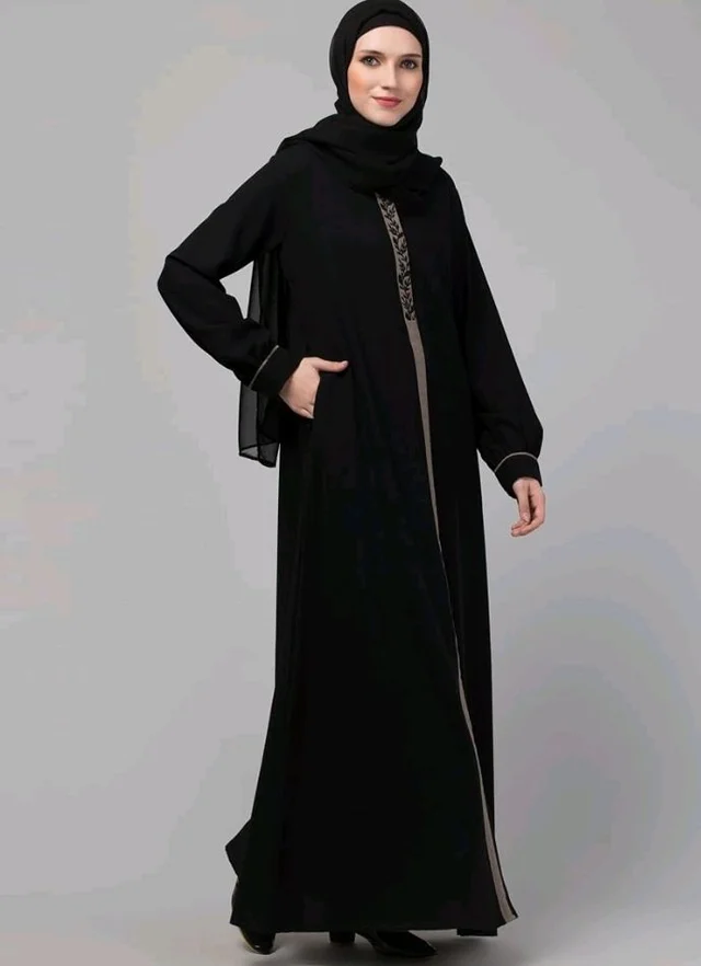 Abaya Dress with Front Embroidery & Cuff Sleeves And Side Pocket Made in Nida Matte Fabric Sleeves Full length Burqa for Women and Girls
- M, Black