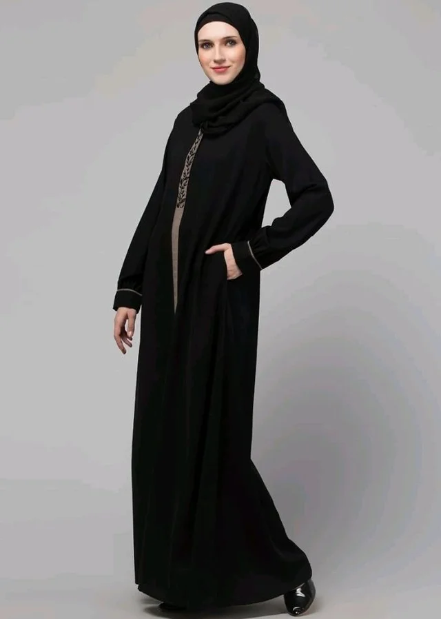 Abaya Dress with Front Embroidery & Cuff Sleeves And Side Pocket Made in Nida Matte Fabric Sleeves Full length Burqa for Women and Girls
- M, Black