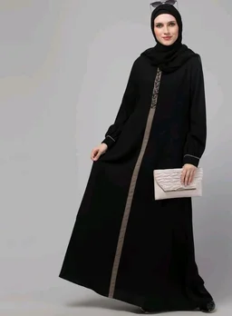 Abaya Dress with Front Embroidery & Cuff Sleeves And Side Pocket Made in Nida Matte Fabric Sleeves Full length Burqa for Women and Girls
- M, Black