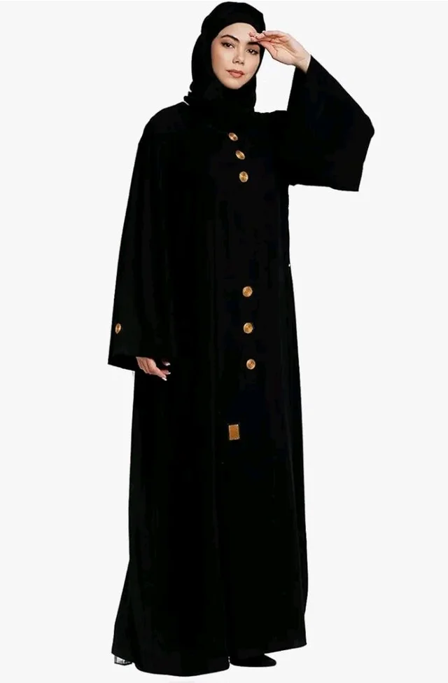 Women’s Loose Fit Abaya with Embroidery Button Work, Long Sleeves And Side Pockets
- S