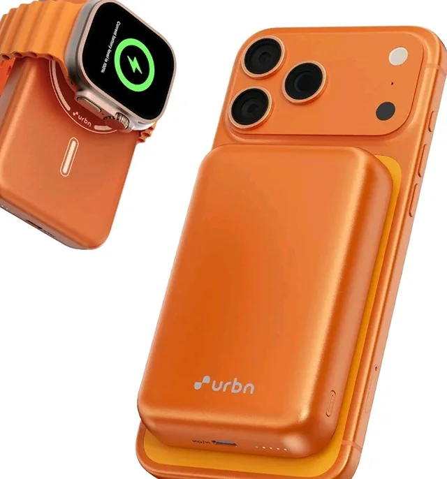 URBN Curve 3 in 1 Wireless Power Bank for iPhone, 10000mAh MagSafe Fast Charging for Apple AirPods, iWatch, iPhone 12 & Above, Android & Other Qi Enabled Devices (Orange)