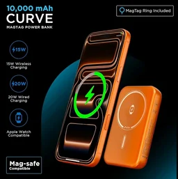 URBN Curve 3 in 1 Wireless Power Bank for iPhone, 10000mAh MagSafe Fast Charging for Apple AirPods, iWatch, iPhone 12 & Above, Android & Other Qi Enabled Devices (Orange)
