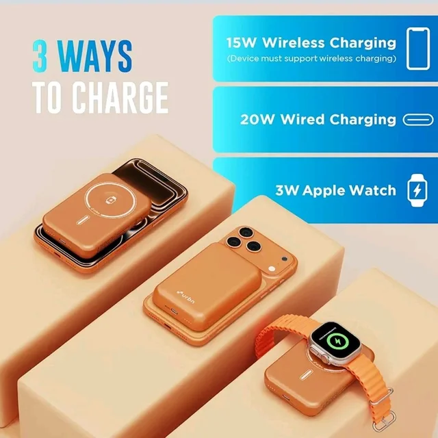 URBN Curve 3 in 1 Wireless Power Bank for iPhone, 10000mAh MagSafe Fast Charging for Apple AirPods, iWatch, iPhone 12 & Above, Android & Other Qi Enabled Devices (Orange)