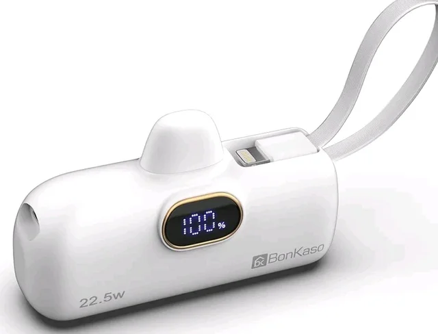 BonKaso 5000mAh Mini Power Bank 22.5W PD Fast Charging, USB-C Type-C Input/Output, Built-in i5 Cable, Digital LED Display, Compact Pocket Portable Charger for iPhone & Android – White