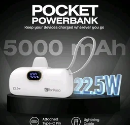 BonKaso 5000mAh Mini Power Bank 22.5W PD Fast Charging, USB-C Type-C Input/Output, Built-in i5 Cable, Digital LED Display, Compact Pocket Portable Charger for iPhone & Android – White