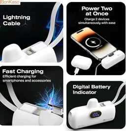 BonKaso 5000mAh Mini Power Bank 22.5W PD Fast Charging, USB-C Type-C Input/Output, Built-in i5 Cable, Digital LED Display, Compact Pocket Portable Charger for iPhone & Android – White