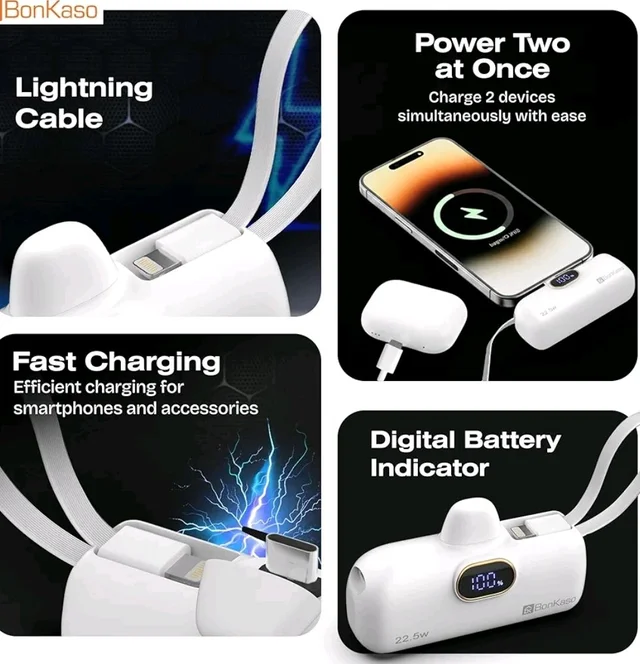 BonKaso 5000mAh Mini Power Bank 22.5W PD Fast Charging, USB-C Type-C Input/Output, Built-in i5 Cable, Digital LED Display, Compact Pocket Portable Charger for iPhone & Android – White