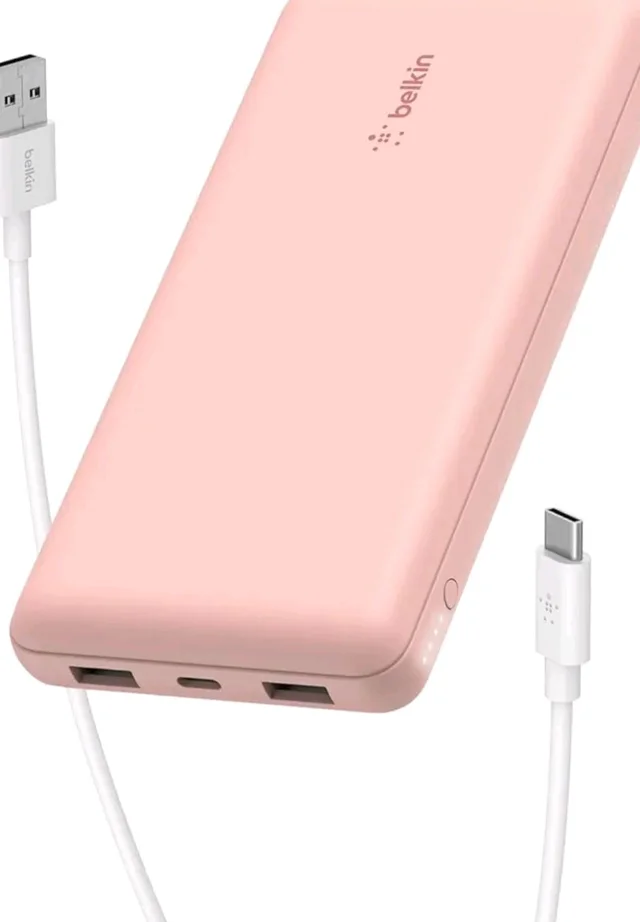 Belkin 10000 mAh Slim Power Bank with 1 USB-C and 2 USB-A Ports to Charge 3 Devices Simultaneously with up to 15W for iPhones, Android Phones, Smart Watches, Apple AirPods - Rose Gold