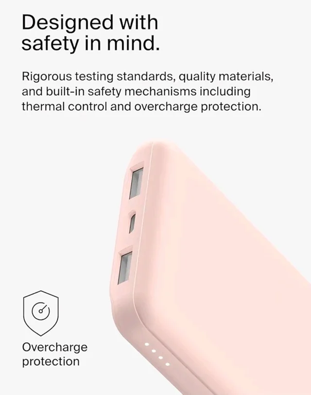 Belkin 10000 mAh Slim Power Bank with 1 USB-C and 2 USB-A Ports to Charge 3 Devices Simultaneously with up to 15W for iPhones, Android Phones, Smart Watches, Apple AirPods - Rose Gold