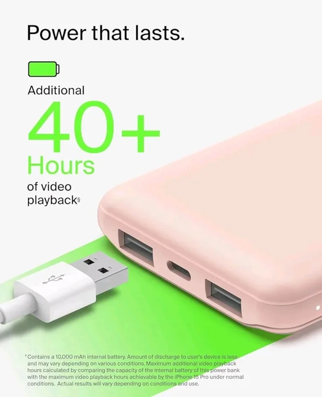 Belkin 10000 mAh Slim Power Bank with 1 USB-C and 2 USB-A Ports to Charge 3 Devices Simultaneously with up to 15W for iPhones, Android Phones, Smart Watches, Apple AirPods - Rose Gold