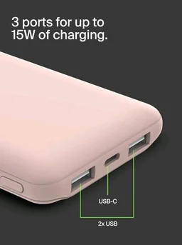 Belkin 10000 mAh Slim Power Bank with 1 USB-C and 2 USB-A Ports to Charge 3 Devices Simultaneously with up to 15W for iPhones, Android Phones, Smart Watches, Apple AirPods - Rose Gold