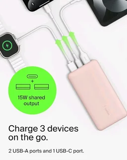 Belkin 10000 mAh Slim Power Bank with 1 USB-C and 2 USB-A Ports to Charge 3 Devices Simultaneously with up to 15W for iPhones, Android Phones, Smart Watches, Apple AirPods - Rose Gold