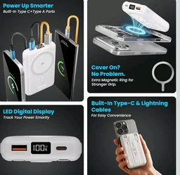 Lifelong Electronics 10000mAh MagSafe Wireless Power Bank | 2 Cables - Lightning & Type C - for Wired Fast Charging | Powerbank for iPhone, iWatch and All Qi Enabled Phones & Devices | Display & Stand