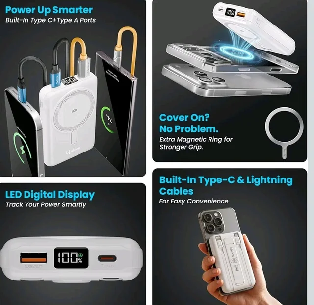 Lifelong Electronics 10000mAh MagSafe Wireless Power Bank | 2 Cables - Lightning & Type C - for Wired Fast Charging | Powerbank for iPhone, iWatch and All Qi Enabled Phones & Devices | Display & Stand
