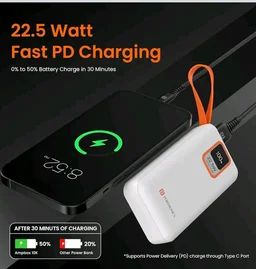Portronics Ampbox 10K 10000 mAh Nano Power Bank with 22.5W Fast Charging, Digital Display, Dual Output(Type C PD + USB), Type C Input, Wake Up Button(White)