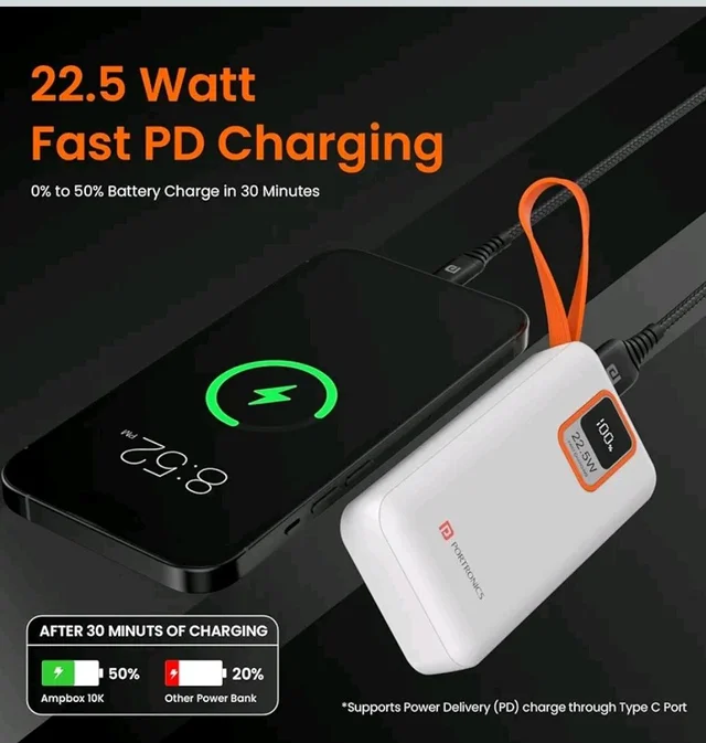 Portronics Ampbox 10K 10000 mAh Nano Power Bank with 22.5W Fast Charging, Digital Display, Dual Output(Type C PD + USB), Type C Input, Wake Up Button(White)