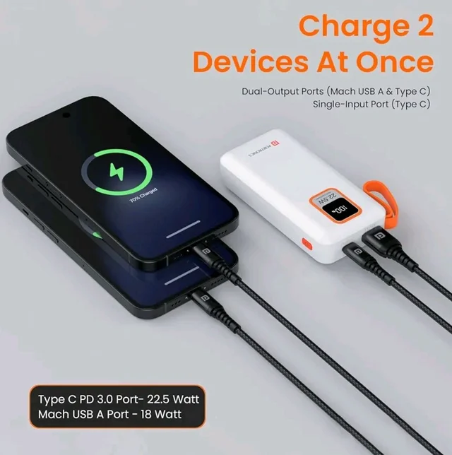 Portronics Ampbox 10K 10000 mAh Nano Power Bank with 22.5W Fast Charging, Digital Display, Dual Output(Type C PD + USB), Type C Input, Wake Up Button(White)
