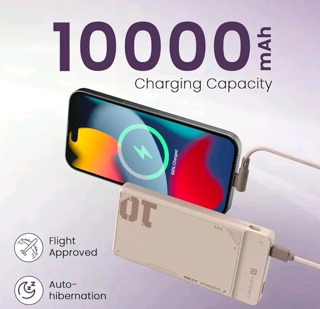 Portronics Luxcell Uno 10K 10000 mAh 22.5W Fast Charging Power Bank with Detachable Type C Cable, Ultra Slim Power Bank with Mach USB-A Output, Type C PD Output, Type C Input, Wake Up Button(Mocha)