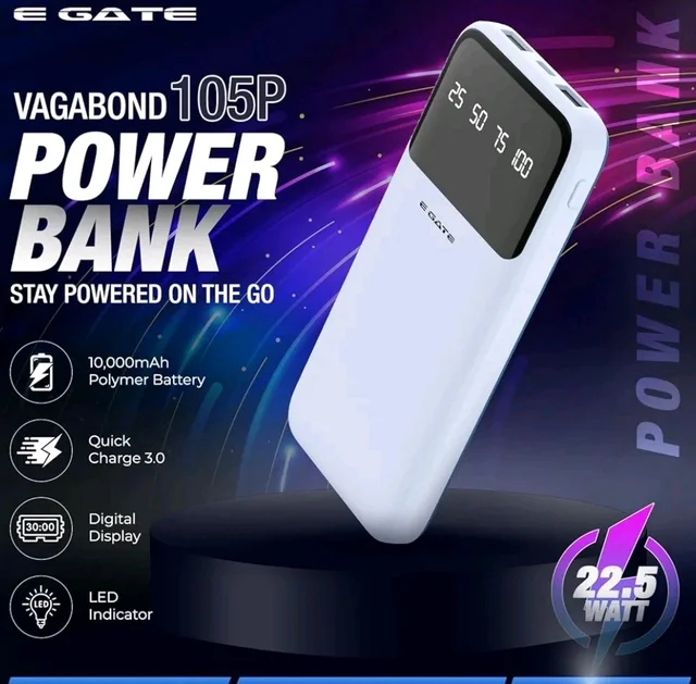 E GATE 105P Powerbank 10000mAh Fast Charging | Built-in Lightening & Type C Cable for iPhone, Android, TWS etc| Multi Device 22.5W Power Bank 5-in-1 Charger | USB X 2, Type C X 2 & Lightening (Blue)