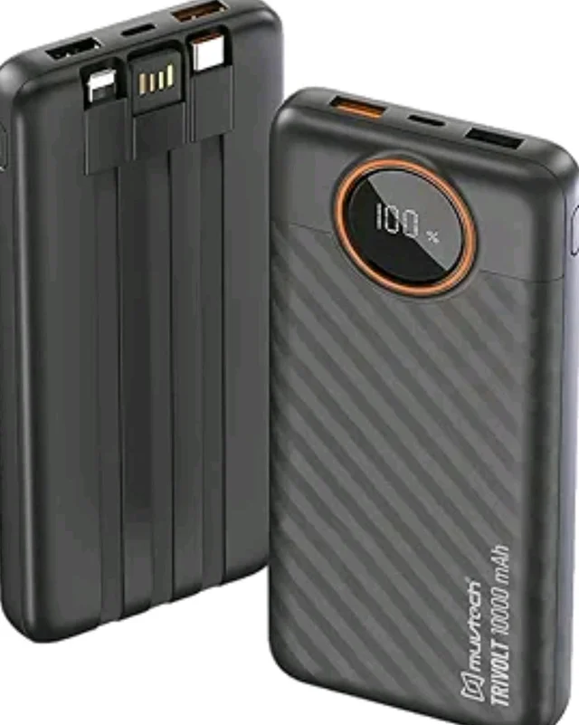 Muvtech TriVolt Power Bank 10000 mAh with 22.5W Fast Charging and Built-in Cables, Lightning Cable, Type-C and Type-A, with Led Display for iPhone, Android and Tablets (Black)