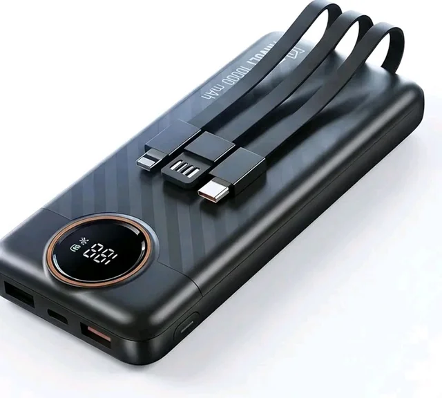 Muvtech TriVolt Power Bank 10000 mAh with 22.5W Fast Charging and Built-in Cables, Lightning Cable, Type-C and Type-A, with Led Display for iPhone, Android and Tablets (Black)