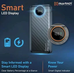 Muvtech TriVolt Power Bank 10000 mAh with 22.5W Fast Charging and Built-in Cables, Lightning Cable, Type-C and Type-A, with Led Display for iPhone, Android and Tablets (Black)