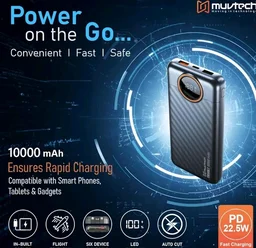 Muvtech TriVolt Power Bank 10000 mAh with 22.5W Fast Charging and Built-in Cables, Lightning Cable, Type-C and Type-A, with Led Display for iPhone, Android and Tablets (Black)
