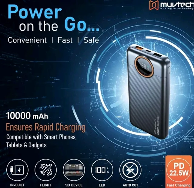 Muvtech TriVolt Power Bank 10000 mAh with 22.5W Fast Charging and Built-in Cables, Lightning Cable, Type-C and Type-A, with Led Display for iPhone, Android and Tablets (Black)
