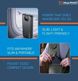 Muvtech TriVolt Power Bank 10000 mAh with 22.5W Fast Charging and Built-in Cables, Lightning Cable, Type-C and Type-A, with Led Display for iPhone, Android and Tablets (Black)