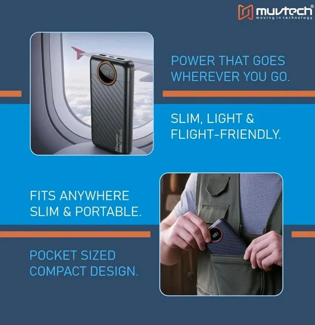 Muvtech TriVolt Power Bank 10000 mAh with 22.5W Fast Charging and Built-in Cables, Lightning Cable, Type-C and Type-A, with Led Display for iPhone, Android and Tablets (Black)