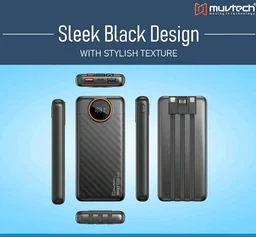 Muvtech TriVolt Power Bank 10000 mAh with 22.5W Fast Charging and Built-in Cables, Lightning Cable, Type-C and Type-A, with Led Display for iPhone, Android and Tablets (Black)