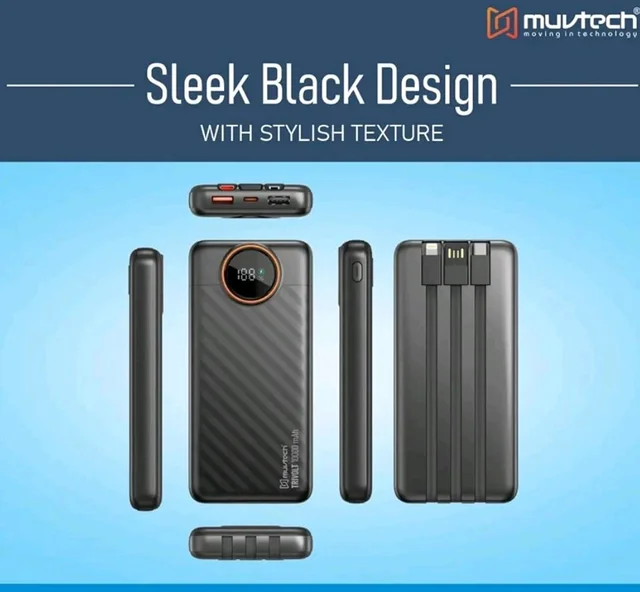 Muvtech TriVolt Power Bank 10000 mAh with 22.5W Fast Charging and Built-in Cables, Lightning Cable, Type-C and Type-A, with Led Display for iPhone, Android and Tablets (Black)