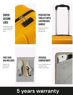 SNITCH Loop Cabin Size Yellow Polypropylene Hard Travel Suitcase - Trolley Bag Small & Luggage with 4 Wheels, Secure Lock & Free Shoe Bag
200+ bought in past month