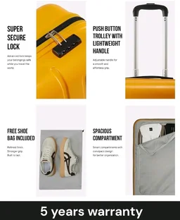 SNITCH Loop Cabin Size Yellow Polypropylene Hard Travel Suitcase - Trolley Bag Small & Luggage with 4 Wheels, Secure Lock & Free Shoe Bag
200+ bought in past month