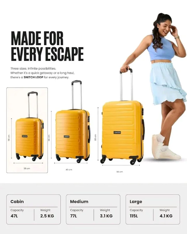 SNITCH Loop Cabin Size Yellow Polypropylene Hard Travel Suitcase - Trolley Bag Small & Luggage with 4 Wheels, Secure Lock & Free Shoe Bag
200+ bought in past month