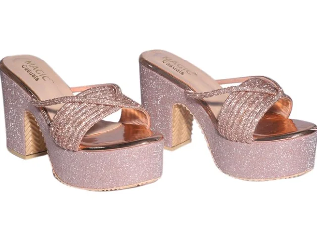Women’s Stylish Platform Block Heel Sandals with Glitter Finish, Cross Strap Design, Cushioned Insole & Slip-On Comfort – Perfect for Weddings, Receptions, Festive & Evening