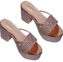 Women’s Stylish Platform Block Heel Sandals with Glitter Finish, Cross Strap Design, Cushioned Insole & Slip-On Comfort – Perfect for Weddings, Receptions, Festive & Evening