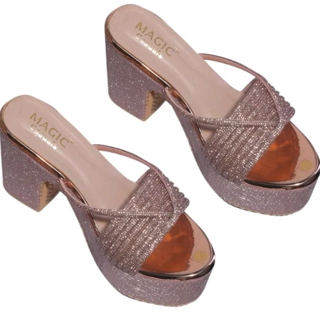 Women’s Stylish Platform Block Heel Sandals with Glitter Finish, Cross Strap Design, Cushioned Insole & Slip-On Comfort – Perfect for Weddings, Receptions, Festive & Evening